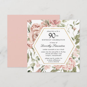 Dusty Pink Rose Floral 90 cumpleaños Invitación