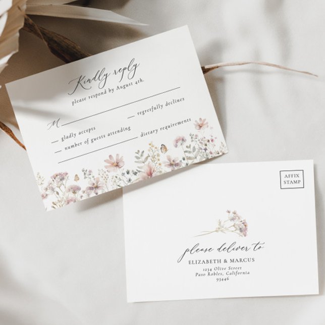 Dusty Pink Wildflower Floral Wedding Tarjeta RSVP (RSVP Card Front/Back)