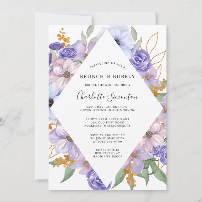 Dusty Purple Blue Floral Brunch Bubbly Invitación (Anverso)