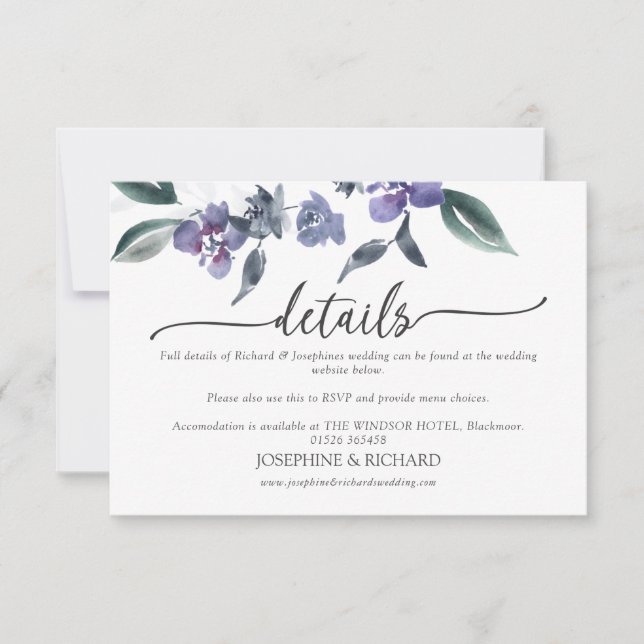 Dusty Purple Floral Garden Boda - Tarjeta de detal (Anverso)