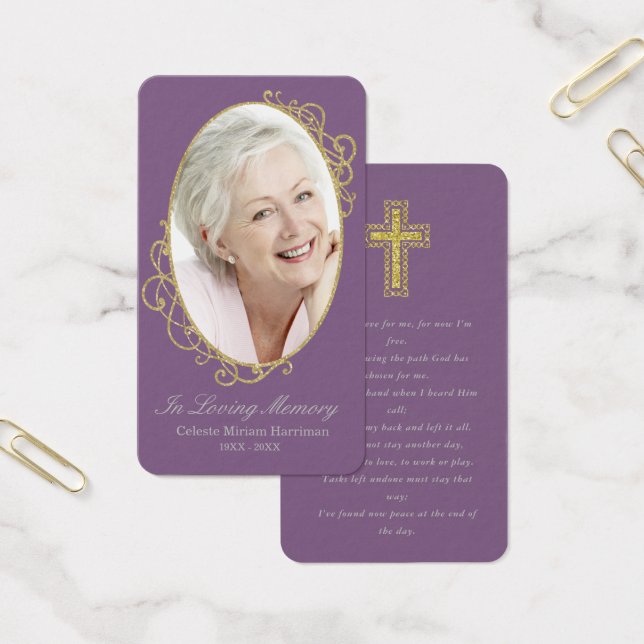 Dusty Purple Gold Photo Funeral Tarjeta de oración (Oficina)