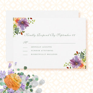 Dusty Purple Peach Watercolor Floral Wedding RSVP