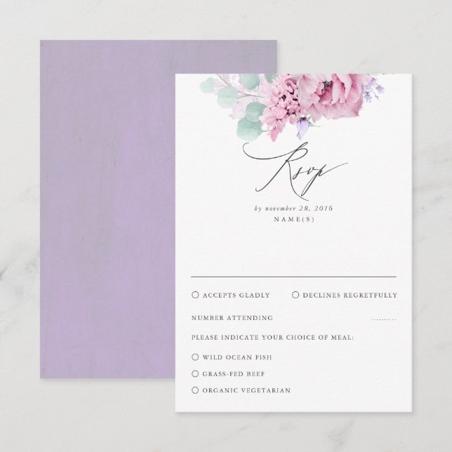 Dusty Purple Pink Floral Wedding RSVP (Anverso / Reverso)