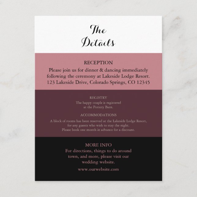 Dusty Rosa Burgundy Boda tarjeta de detalles (Anverso)