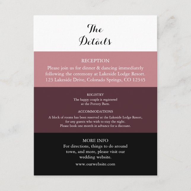 Dusty Rosa Burgundy Boda tarjeta de detalles (Anverso)