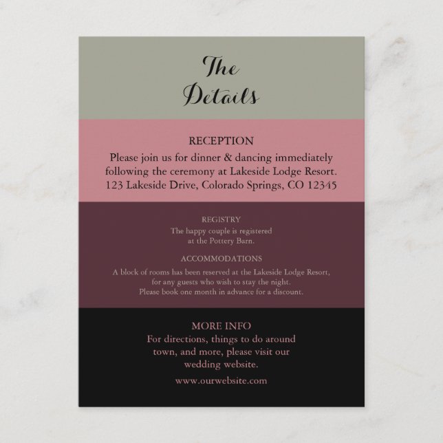 Dusty Rosa Burgundy Boda tarjeta de detalles (Anverso)