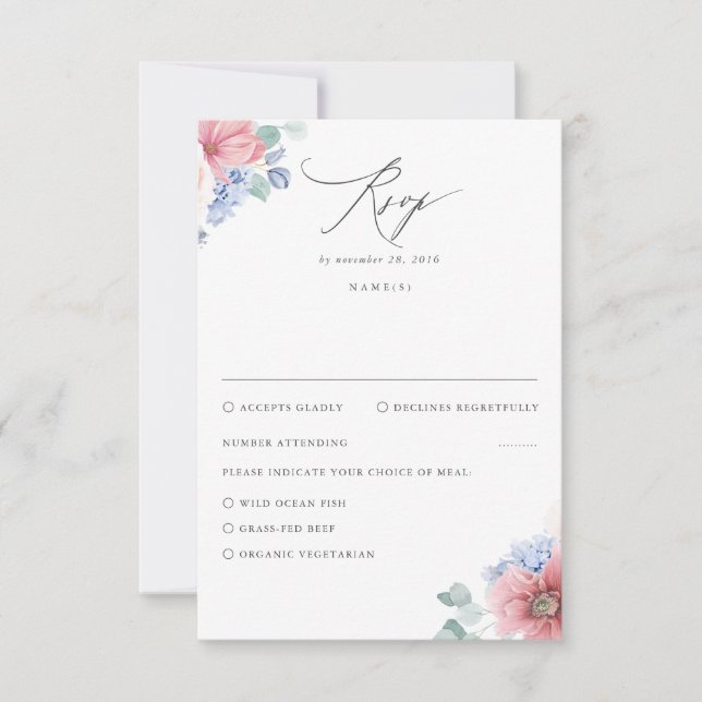 Dusty Rosa Dusty Blue Floral Wedding RSVP (Anverso)