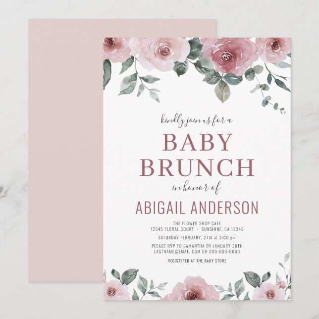 Dusty Rosa Floral Bebé Brunch Invitación a ducha (Anverso / Reverso)