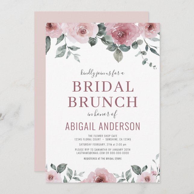 Dusty Rosa Floral Bridal Brunch Invitación a ducha (Anverso / Reverso)