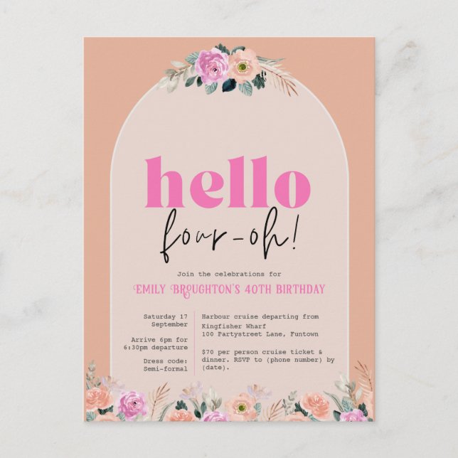 Dusty Rosa floral "hola cuatro-oh" 40ª invitación (Anverso)