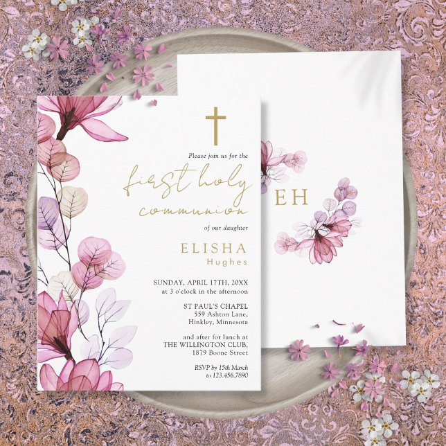 Dusty Rosa Floral Primer Invitación a la Santa Com (Dusty Rose Floral First Holy Communion Invitation Postcard)