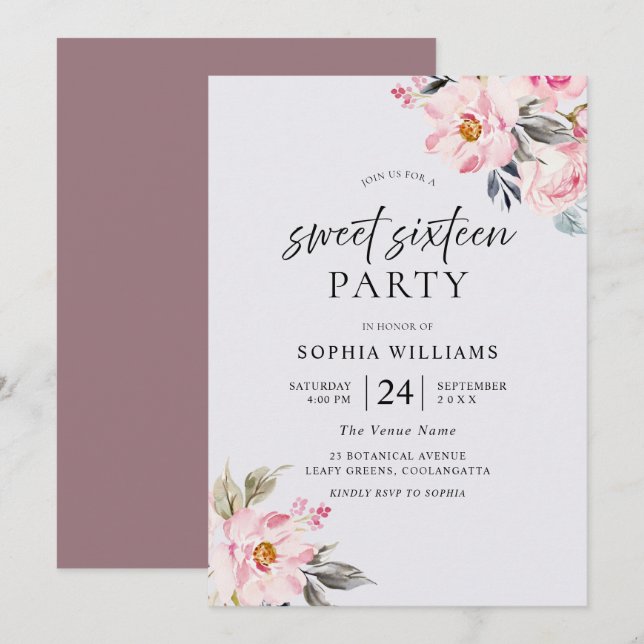 Dusty Rosa Floral Rubor Dulce Rosa 16 Invitación (Anverso / Reverso)