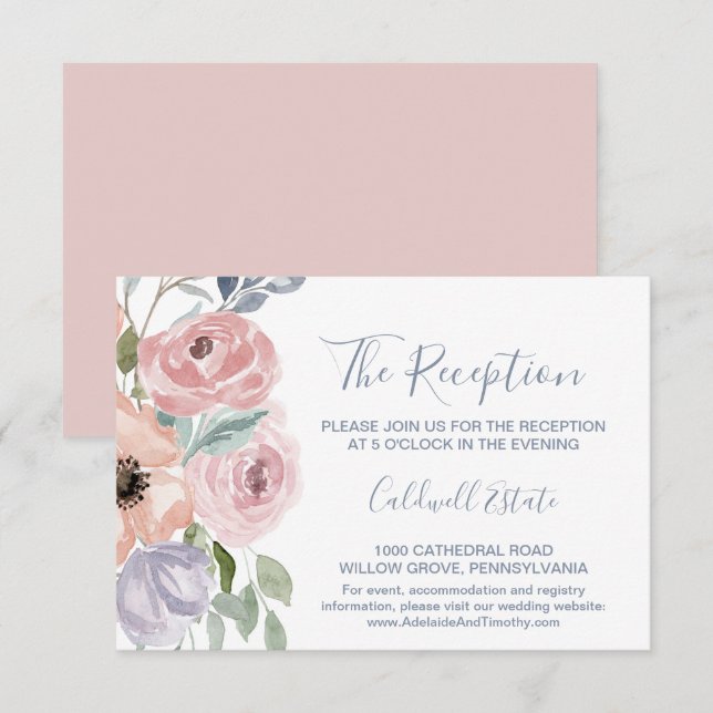 Dusty Rosa Florals Boda Tarjeta de Recepción (Anverso / Reverso)