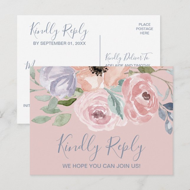 Dusty Rosa Florals Menú Elección de postal RSVP (Anverso / Reverso)