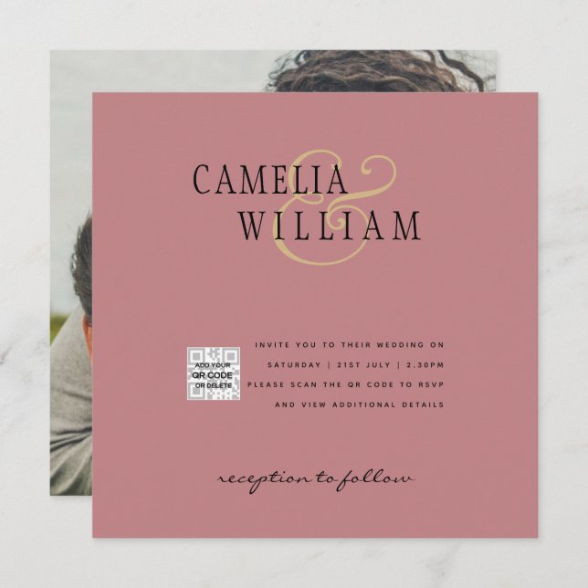 Dusty ROSA Foto Boda Invitar Código QR Guardar fec (Anverso / Reverso)