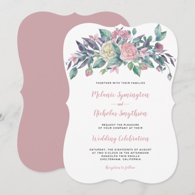 Dusty Rosa Invitaciones a la boda floral (Anverso / Reverso)