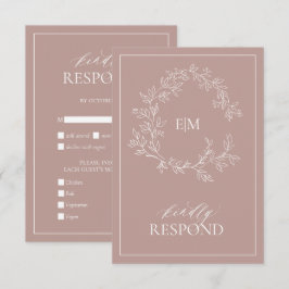 Dusty Rosa Leafy Escudo Monograma Boda RSVP Tarjet