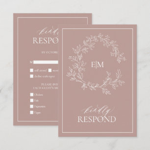 Dusty Rosa Leafy Escudo Monograma Boda RSVP Tarjet