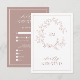 Dusty Rosa Leafy Escudo Monograma Boda RSVP Tarjet
