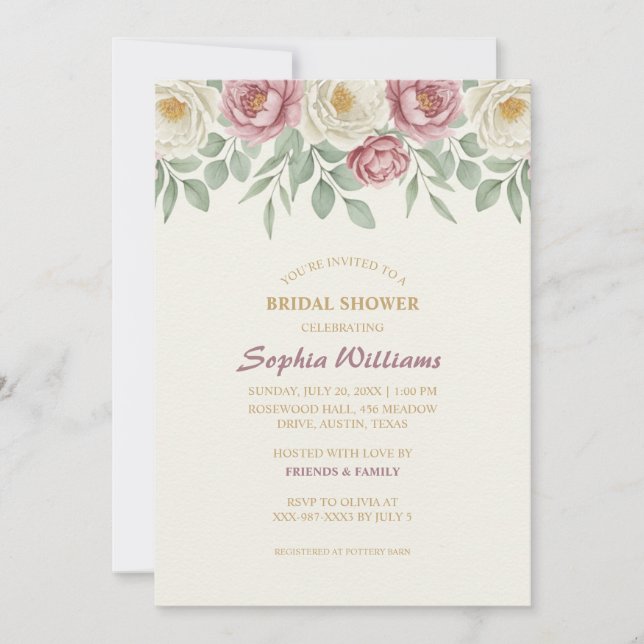 Dusty Rosa Peony Bridal Shower Tarjeta de invitaci (Anverso)