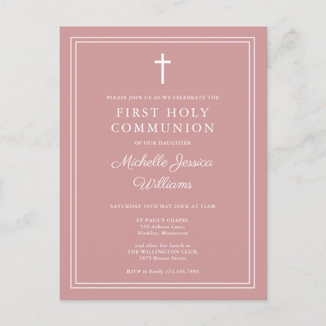 Dusty Rosa Pink First Holy Communition Invitación (Anverso)