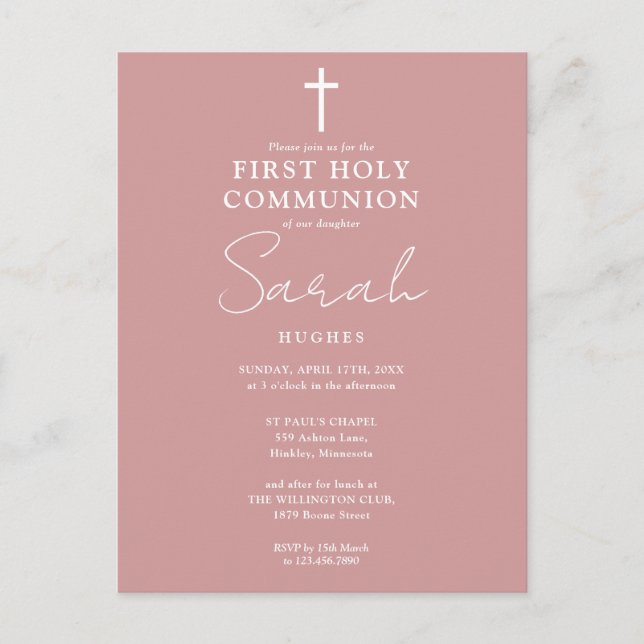 Dusty Rosa Pink First Holy Communition Invitación (Anverso)