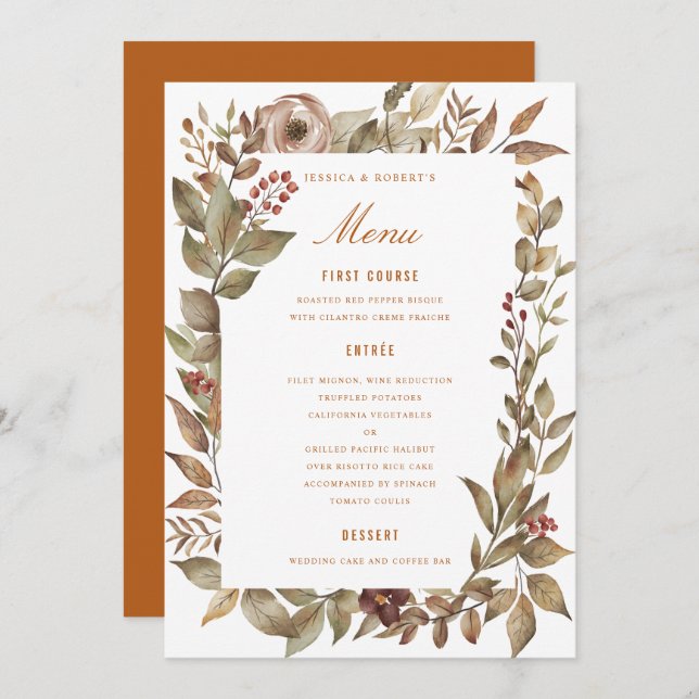 Dusty Rosa Sage Rust Fall Wedding Menu Card (Anverso / Reverso)