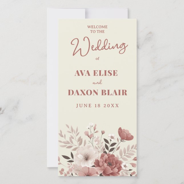 Dusty Rosa tarjeta del programa de boda floral (Anverso)