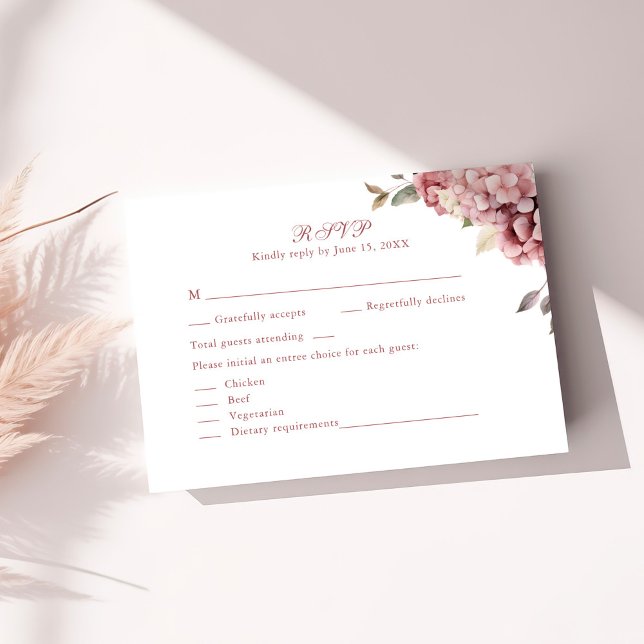 Dusty Rose Hydrangea Wedding RSVP Card (Dusty Rose Hydrangea Wedding RSVP Card on a sunny table with dry botanicals)