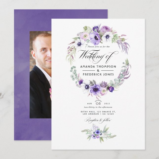 Dusty Violet Boda Watercolor Floral Invitación a l (Anverso / Reverso)
