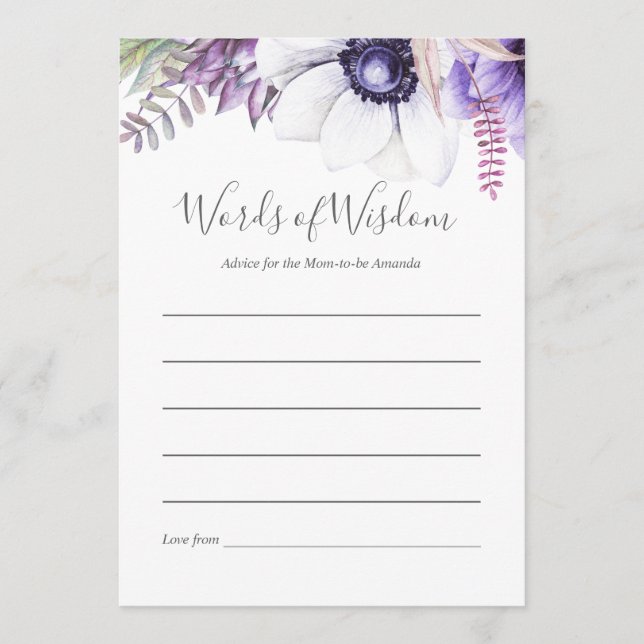Dusty Violet Watercolor Floral Baby Shower Consejo (Anverso)