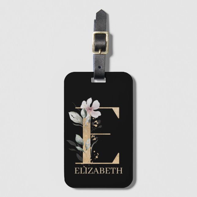 E Monograma Floral Etiqueta de equipaje personaliz (Anverso vertical)