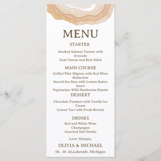 Earthy Abstract Watercolor Agate Wedding Menu Card (Anverso)