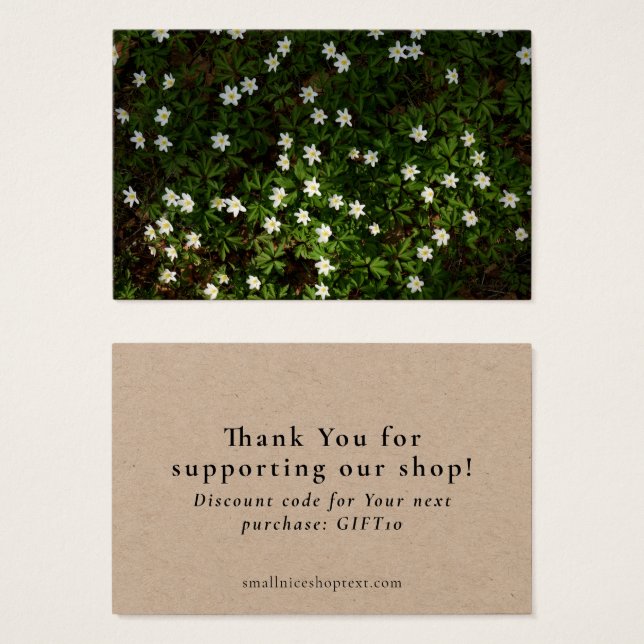 Earthy green shop thank you card with discount (Anverso y reverso)