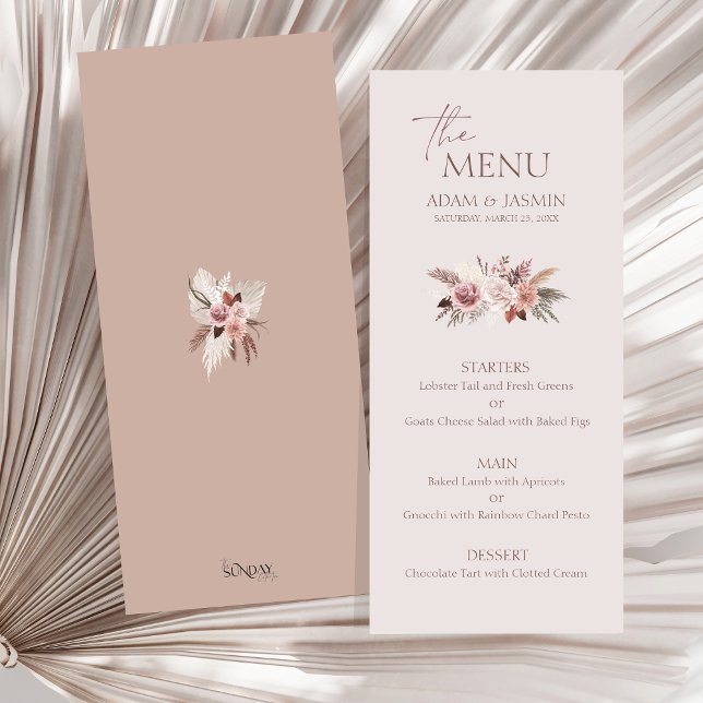 Earthy Rubor Pampas Floral Boho Boda Menu (Boho Dusty Pink Dried Flowers Pampas Grass Wedding Menu)