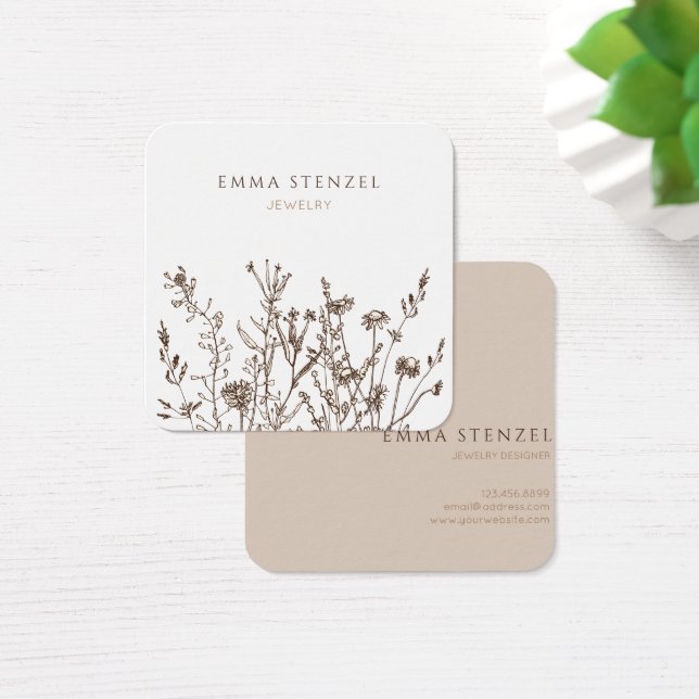 Earthy Wild Flowers Floral Square Business Card (Escritorio)