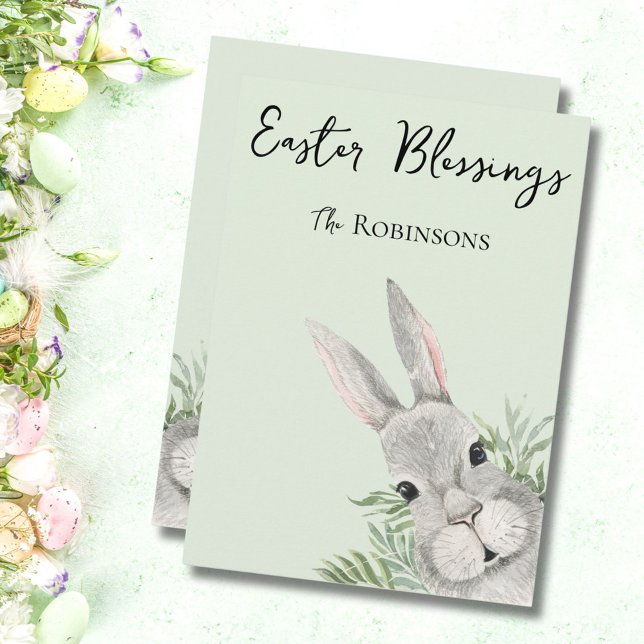 Easter Blessing Curious Gray Bunny Green Card (Subido por el creador)