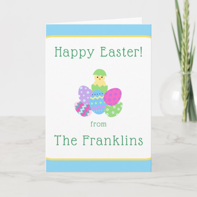 EASTER Chick Eggs and Bright Blue Greeting NAME (Anverso)