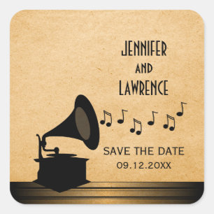 Ebony Vintage Gramophone Save the Date Pegatinas