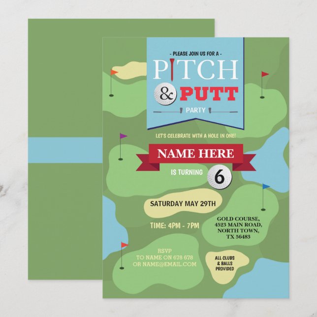 Echada del cumpleaños del golf y invitación (Anverso / Reverso)