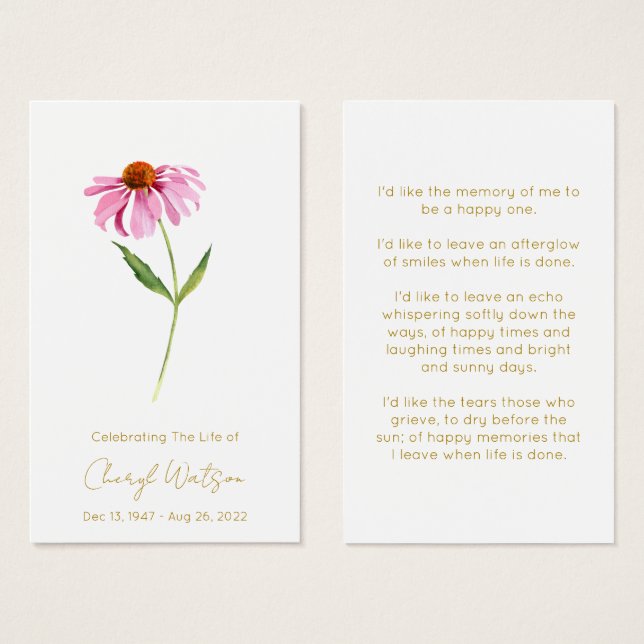 Echinacea | Tarjeta de oración memorial simple par (Anverso y reverso)