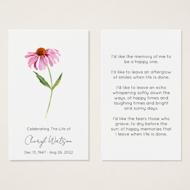 Echinacea | Tarjeta de oración memorial simple par (Anverso y reverso)