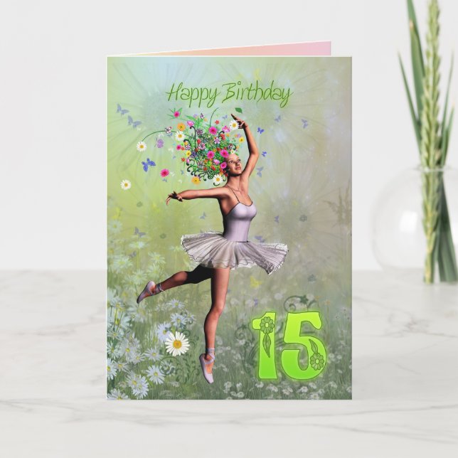 Edad 15, tarjeta de cumpleaños del hada floral (Anverso)