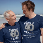 Edad a la perfección 60° camiseta de cumpleaños<br><div class="desc">Camiseta personalizado azul y plata de 60 años con sesenta globos de hellio de plata,  el dicho "vítores a 60 años",  "envejecidos a la perfección",  y la fecha.</div>