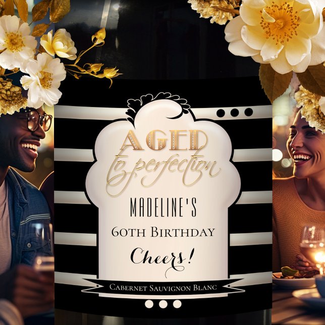 Edad a Perfección Etiqueta de Vino de Cumpleaños (An elegant art deco and Gatsby style inspired wine label with a stylized "Aged to perfection" image)