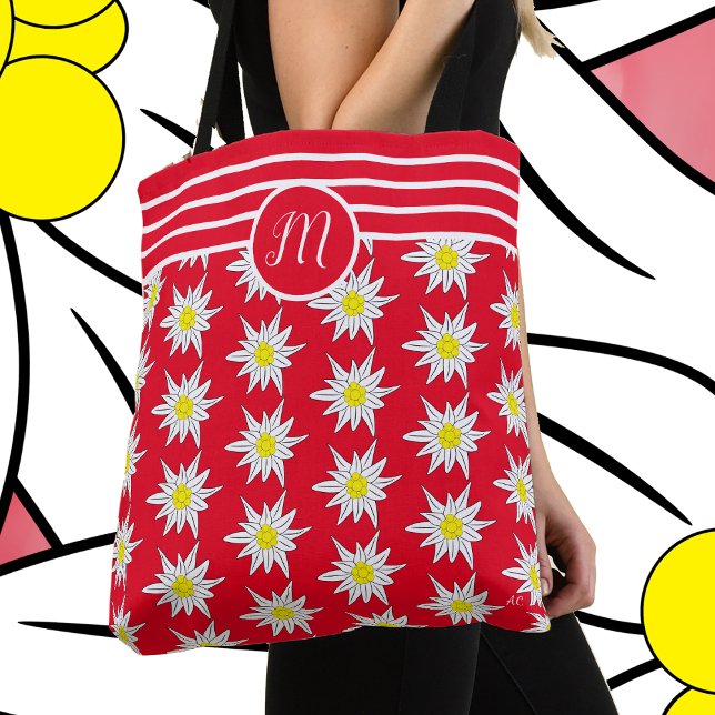 Edelweiss Y Stripes Monograma Bolsa De Tote Rojo (Subido por el creador)
