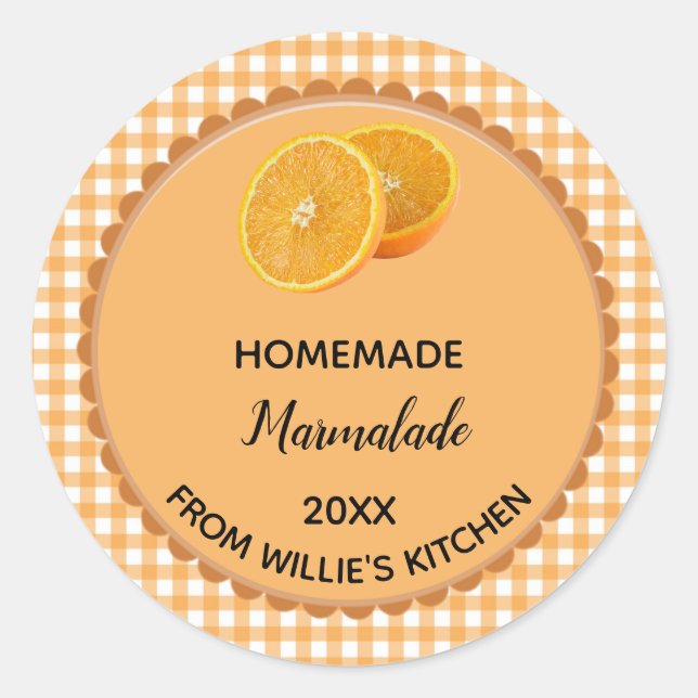 ¡Editable Naranja Gingham Marmalade Label Pegatina (Anverso)