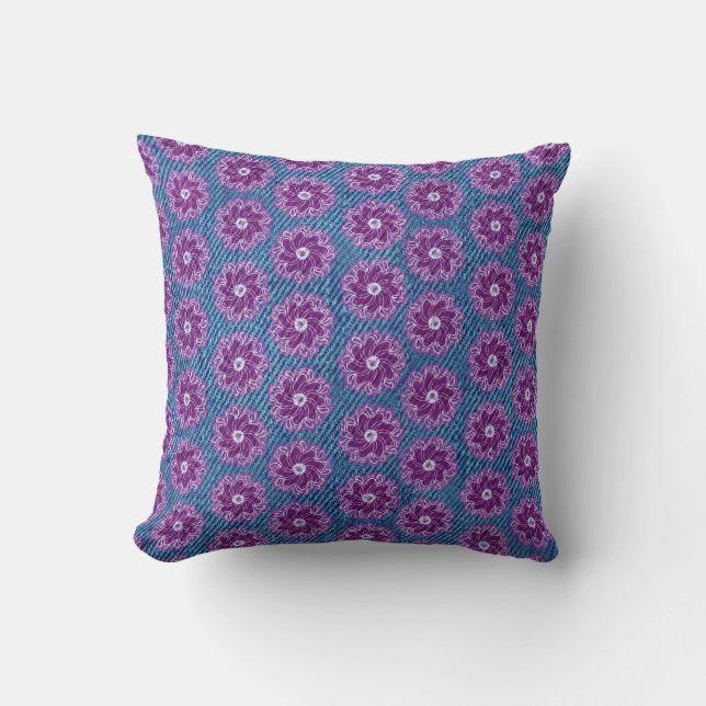 Efecto denim y almohada azul con flores moradas (Anverso)