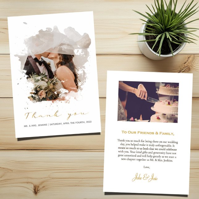 Efecto fotográfico acuarela boda de agradecimiento (Watercolor paint photo effect, gold "Thank you" wedding card with 2 photos and message)