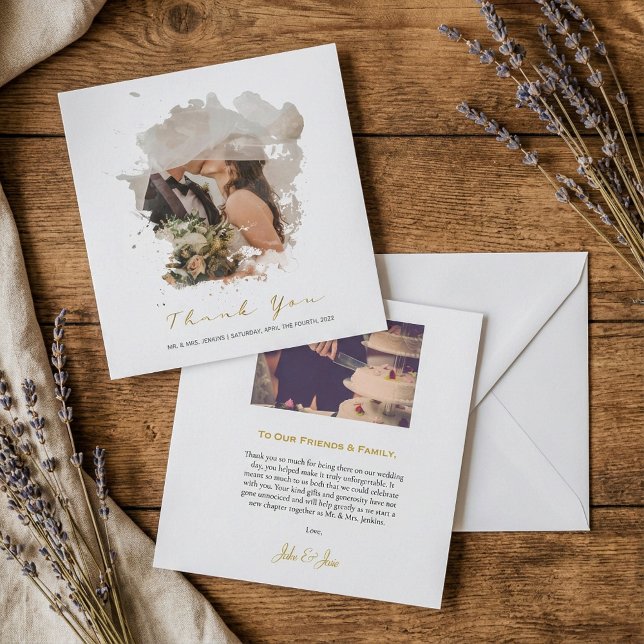 Efecto fotográfico acuarela, tarjeta de agradecimi (Watercolor photo effect, wedding thank you card.)